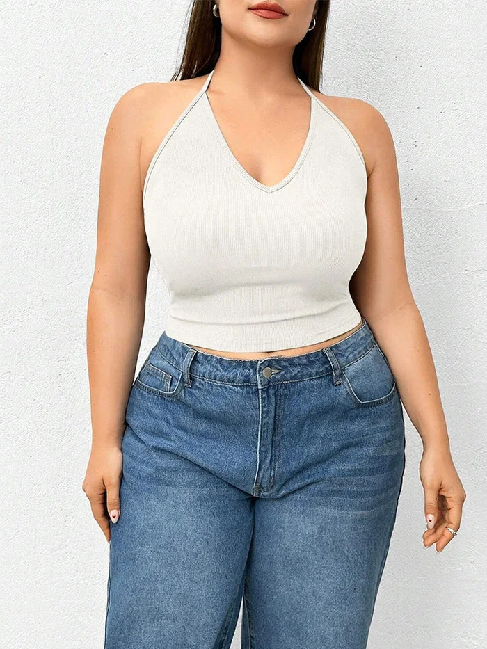 Solid Color Crop Halter Top, Plus Size Summer Outfits