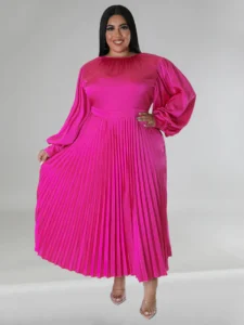 Solid Lantern Sleeve Pleated Satin Dress