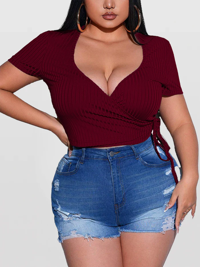 Surplice Neck Knot Side Crop Tee