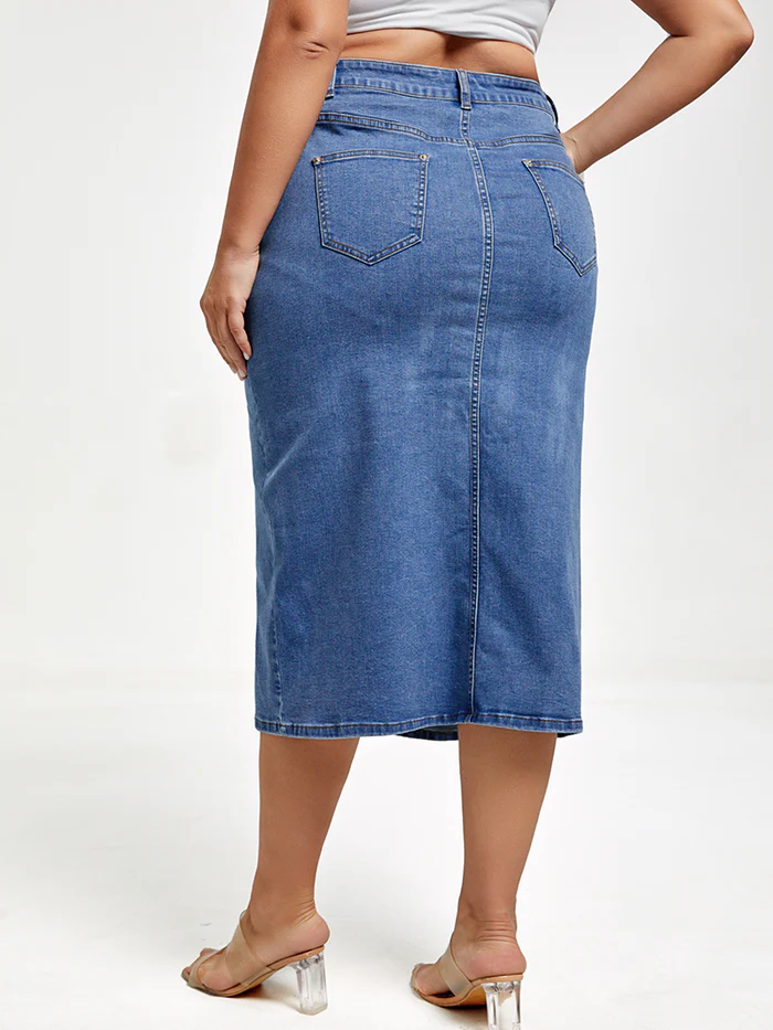 Plus Blue Slit Front Denim Skirt, Plus Size Summer Outfits