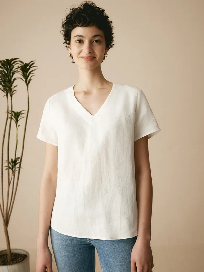 100% LINEN EASY POPOVER V-NECK BOXY TOP, linen shirts