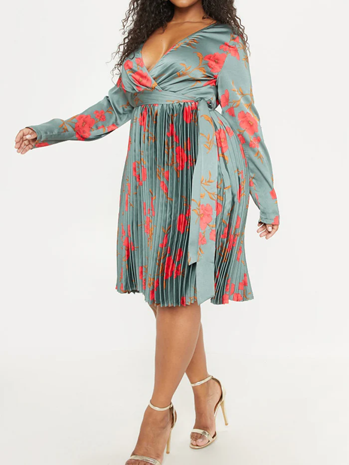 Emerald Sage Green Floral Print Pleated Dress