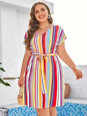 Curvesoul colorblock striped tie-front plus-size dress with dolman sleeves.