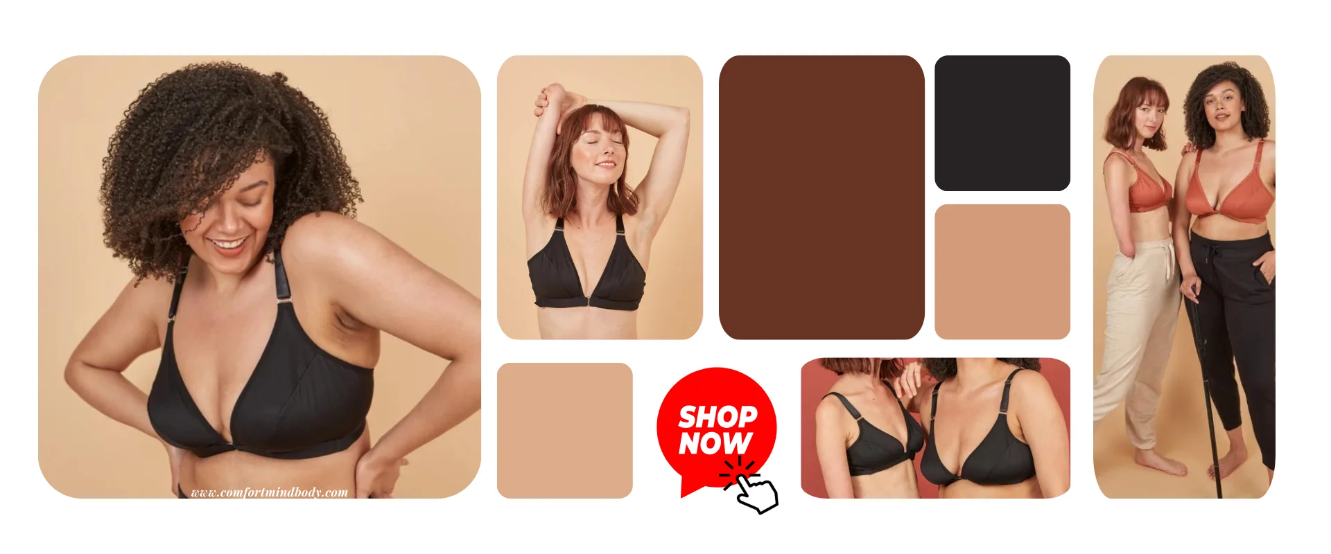Springrose adaptive bra collage showing front closures, adjustable straps, and models with different bodies and mobility needs