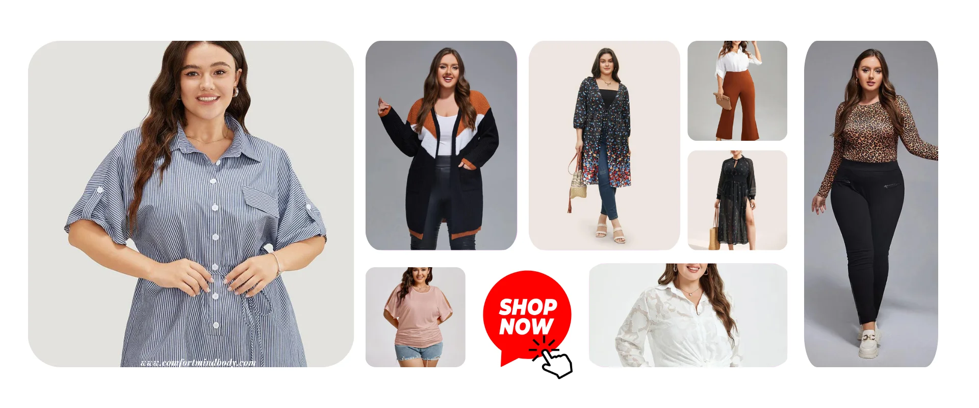 BloomChic plus-size clothing collage with shirts, a cardigan, dresses, pants and casual separates