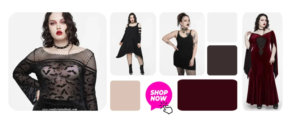 clothes for bigger girls, goth plus-size cloth collage