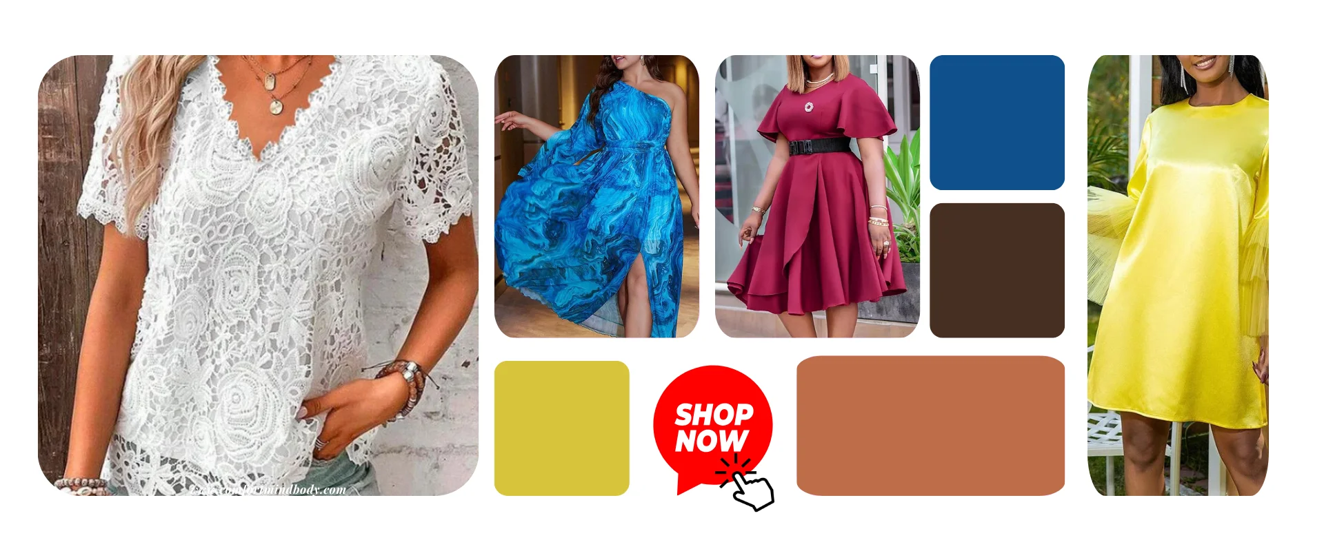 Lemongor clothing collage with a white lace top and blue, burgundy, and yellow dresses