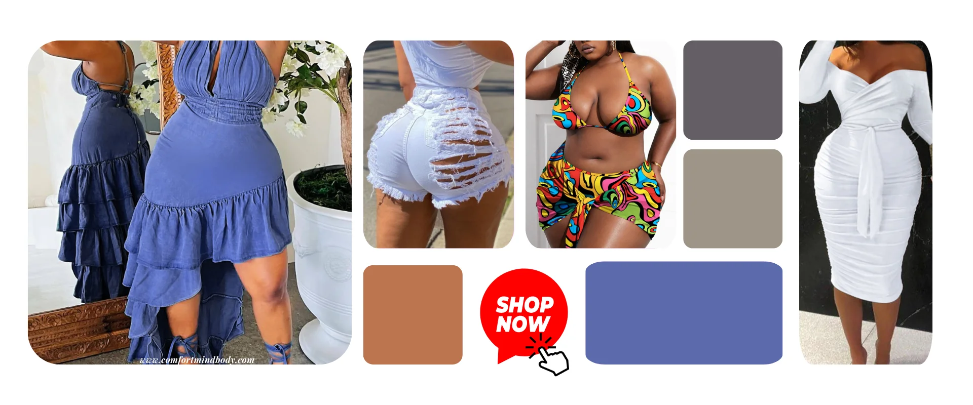 LovelyWholesale plus-size clothing collage with fitted dresses, distressed denim shorts, and a printed swim set