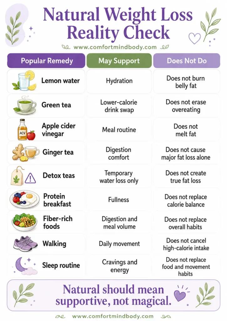Natural Weight Loss Reality Check infographic comparing lemon water, green tea, apple cider vinegar, ginger tea, detox teas, protein breakfast, fiber-rich foods, walking, and sleep routine with what they may support and what they do not do.