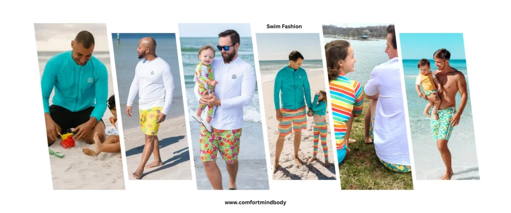 a collage of a man and a child on a beach, Swim Fashion