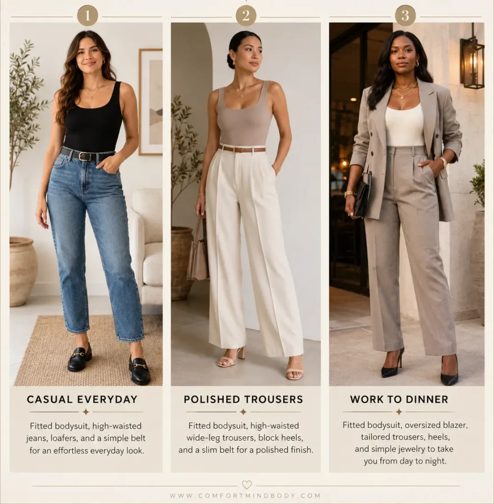 Three chic ways to style a bodysuit with jeans, trousers, loafers, blazers, and simple accessories.