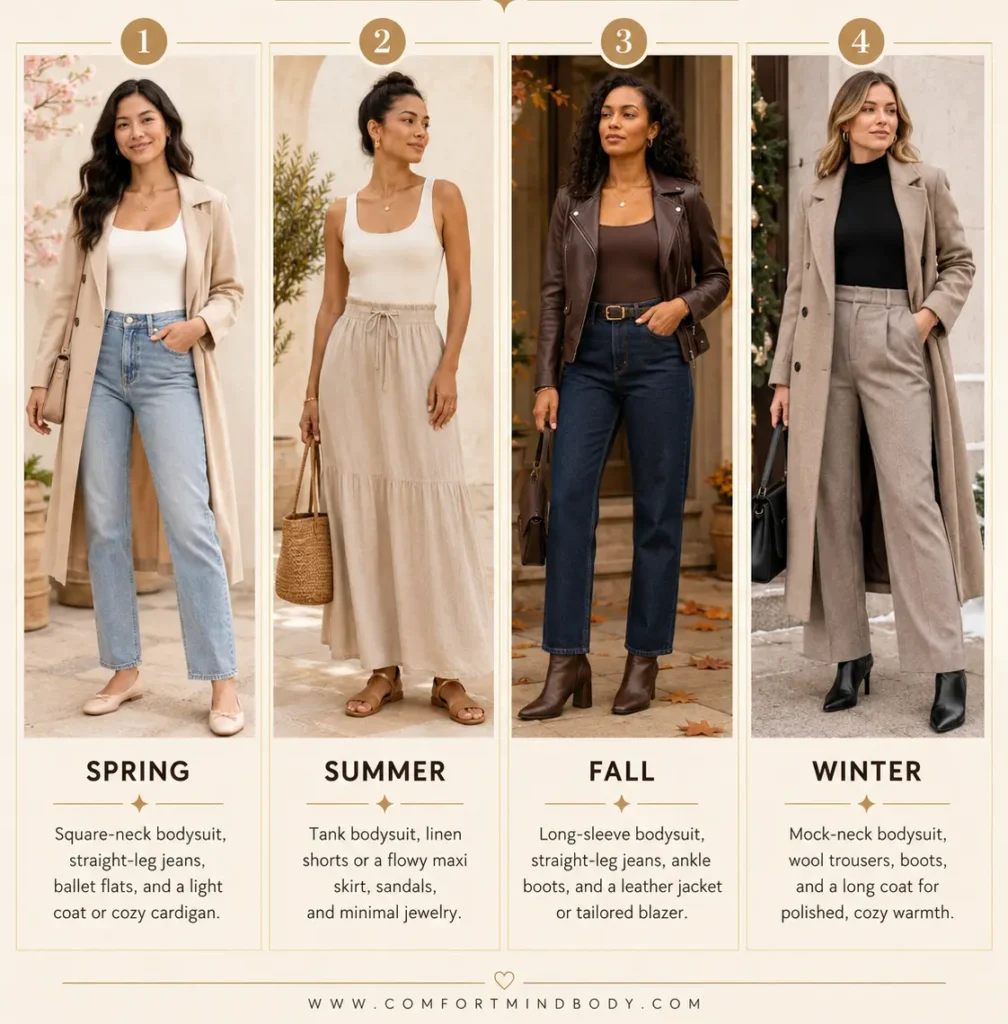 Seasonal bodysuit outfit ideas for spring, summer, fall, and winter.