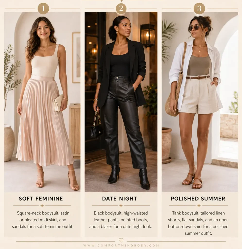 Bodysuit outfit ideas for skirts, date nights, and summer with a midi skirt, leather pants, blazer, linen shorts, and sandals.
