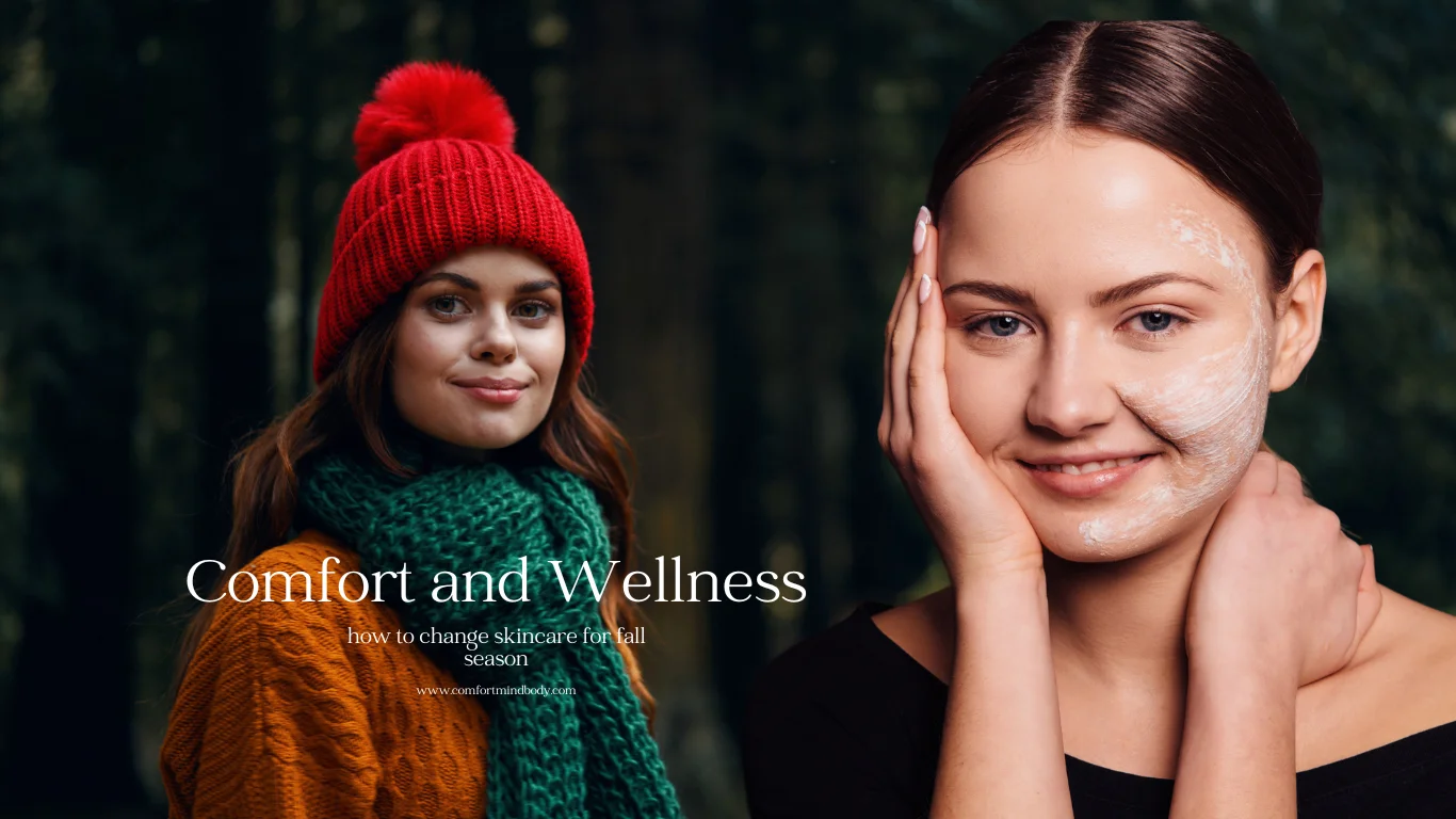 Two skincare portraits showing cold-weather layers and clear skin for a fall routine guide