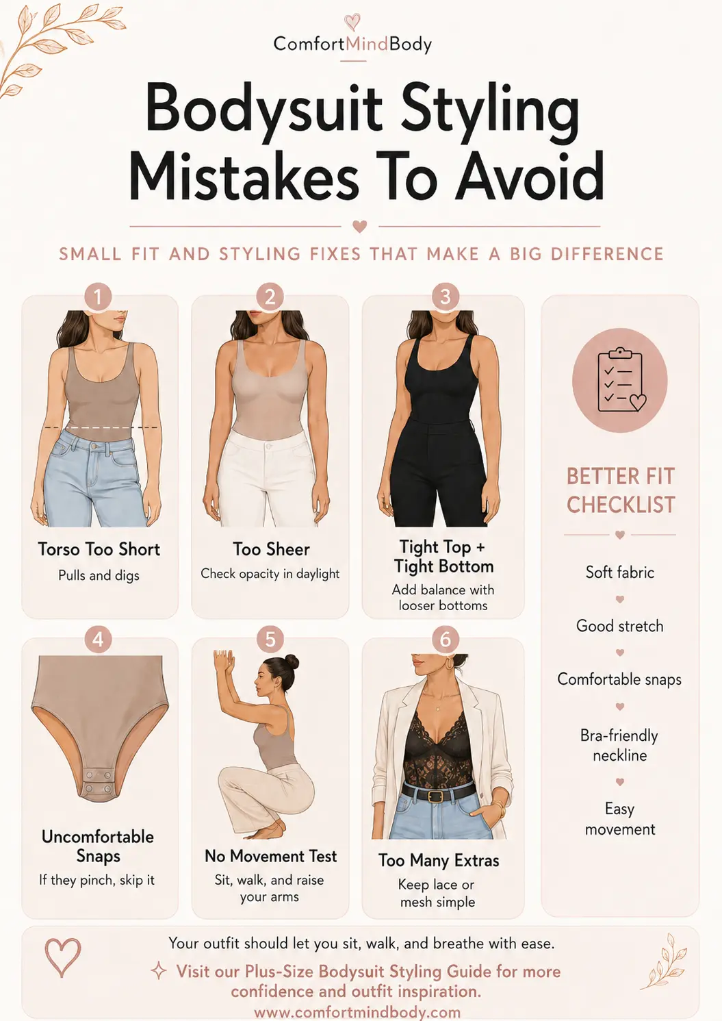 Infographic showing common bodysuit styling mistakes, including short torso fit, sheer fabric, uncomfortable snaps, and tight outfit balance.