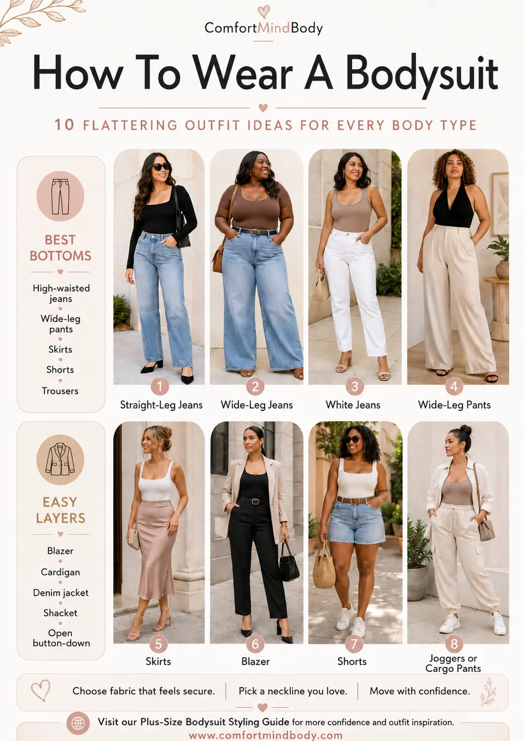 Infographic showing how to wear a bodysuit with jeans, wide-leg pants, skirts, blazers, shorts, and relaxed pants for every body type.