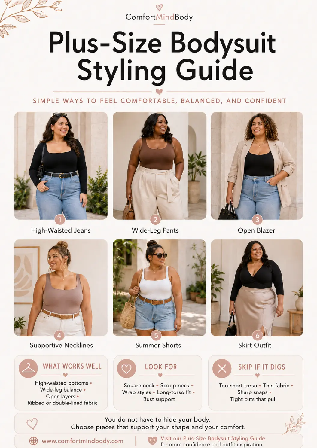 Plus-size bodysuit styling guide showing high-waisted jeans, wide-leg pants, open blazers, supportive necklines, shorts, and skirt outfits.