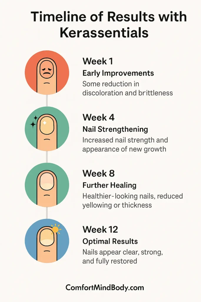 Kerassentials nail fungus treatment results timeline showing improvements from Week 1 to Week 12, including reduced brittleness, nail strengthening, discoloration fading, and full restoration.
