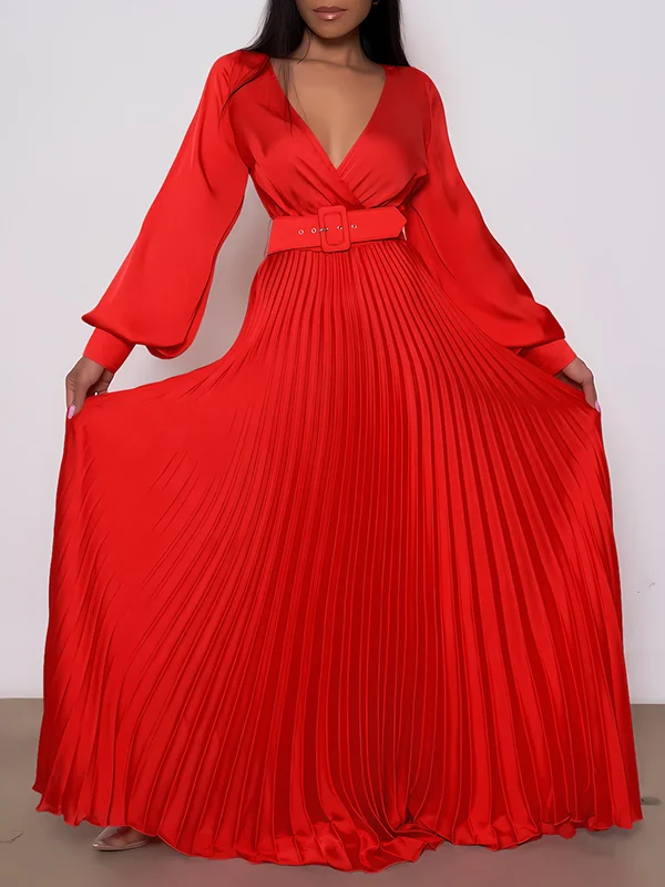 Belted Pleated Solid Color Puff Sleeves High Waisted Deep V-Neck Maxi Dresses