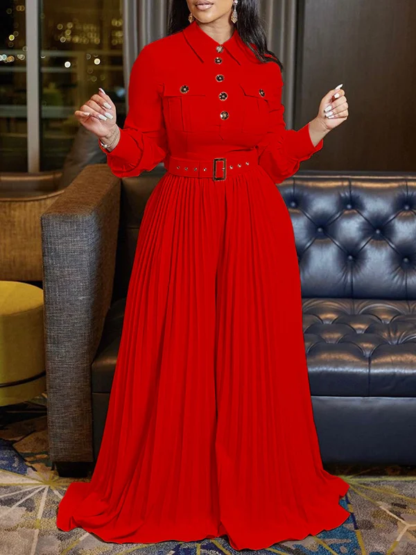 High-Waisted Long Sleeves Pleated Tied Waist Jumpsuits