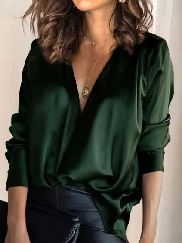 Solid Color V-Neck Long Sleeves Blouse Shirt Top 658 sold