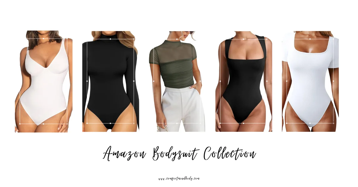 a collage of women's bodysuits