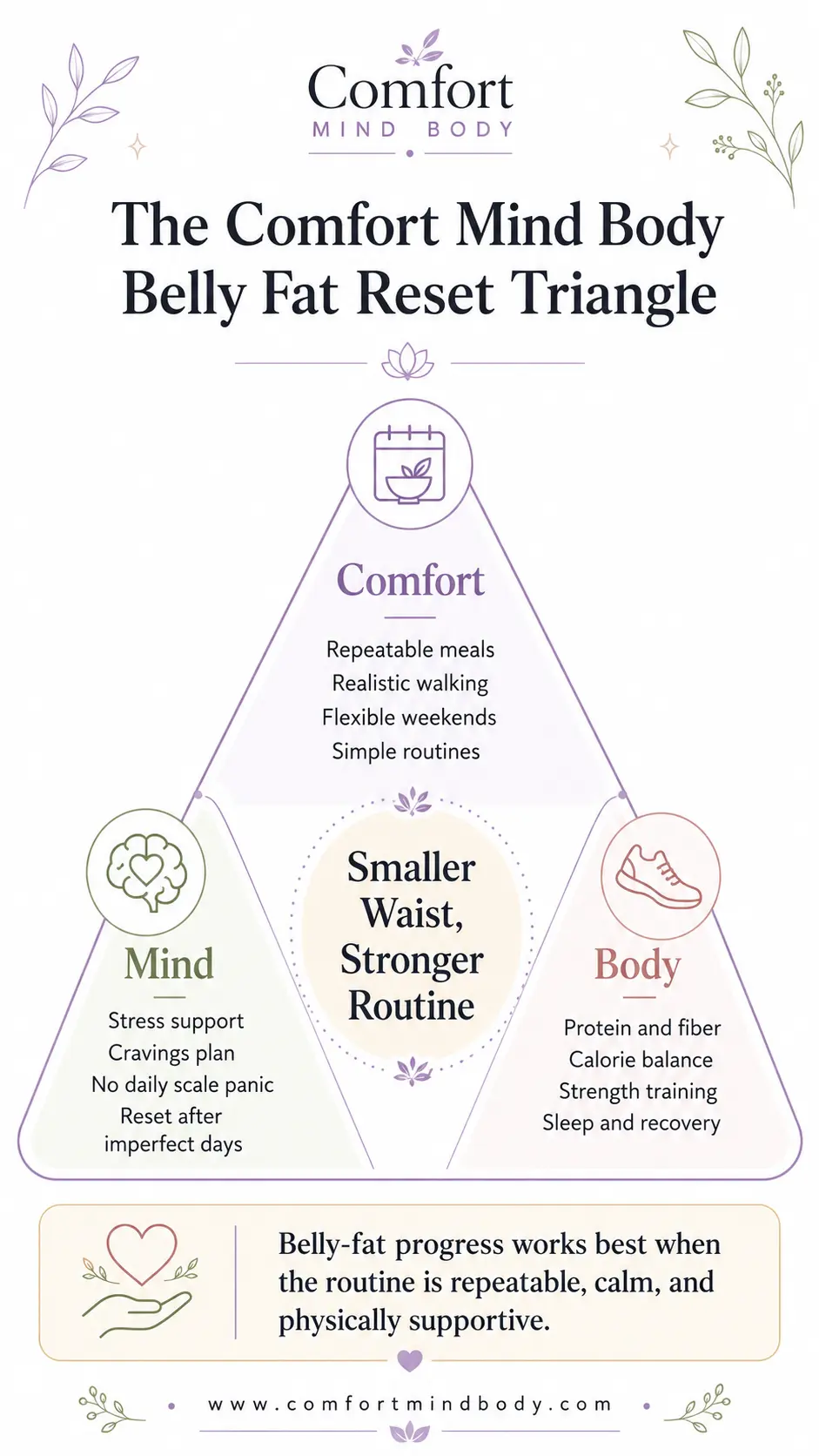 Comfort Mind Body belly fat reset triangle showing comfort mind and body habits for a smaller waist and stronger routine
