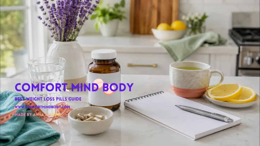 Best weight loss pills guide with supplement bottle, water, notebook, measuring tape, tea, and lemon slices on a bright kitchen counter