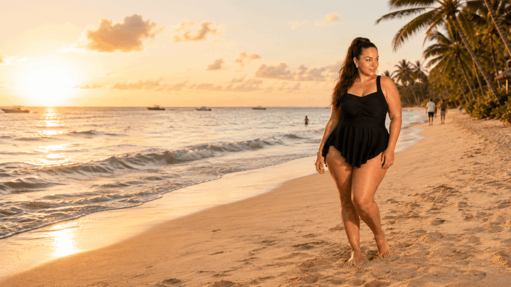 Plus-size woman wearing a black swim dress on a beach at sunset