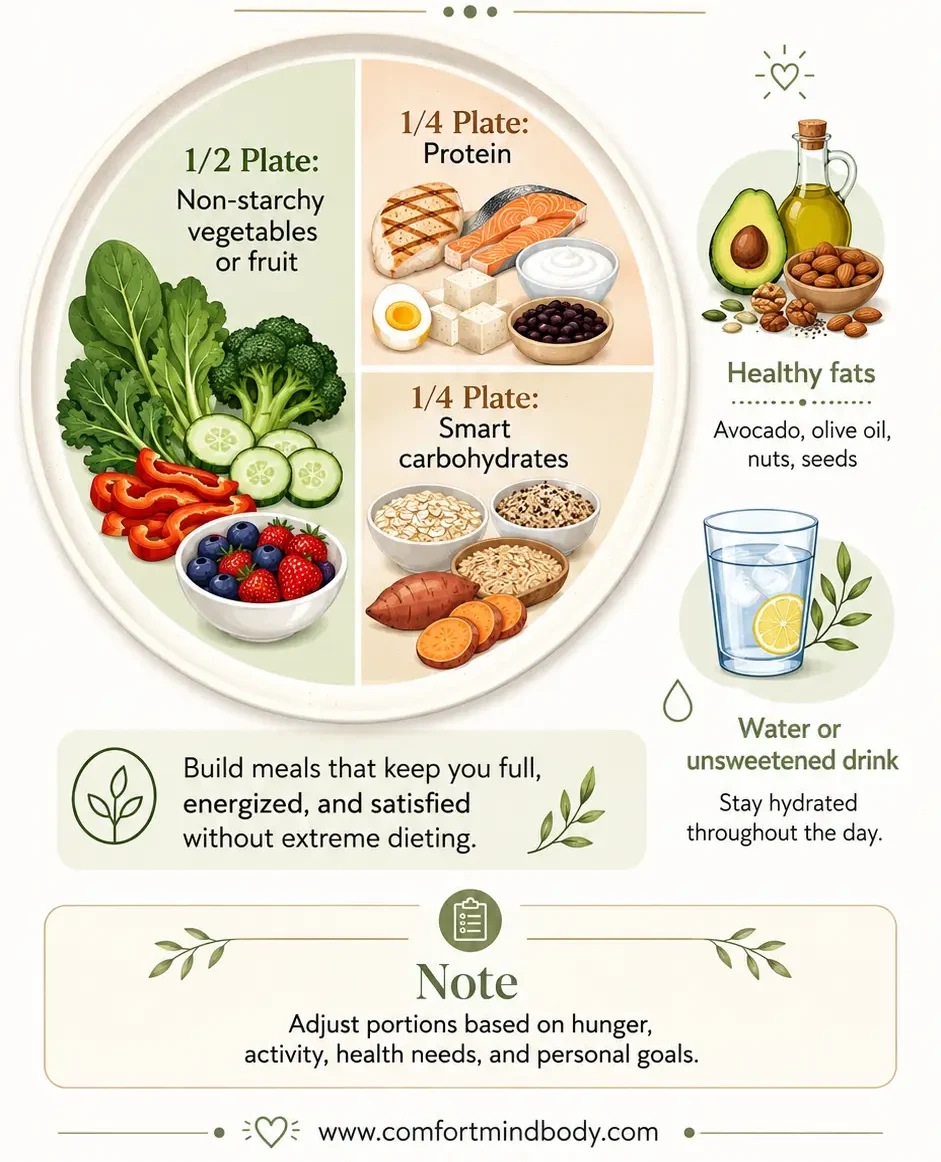 Simple Plate Method for healthy weight loss infographic showing half a plate of vegetables or fruit, one quarter protein, one quarter smart carbohydrates, healthy fats, and water.