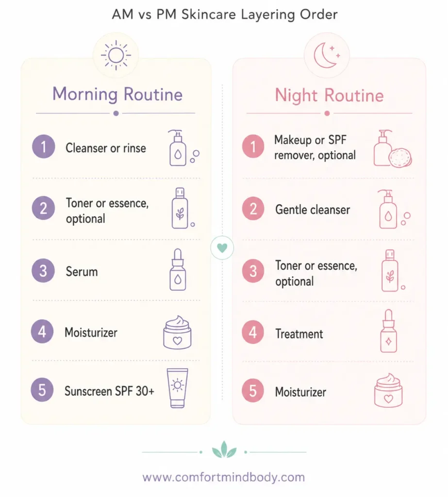 how to layer skincare products correctly AM vs PM skincare routine guide showing morning protection steps and nighttime repair steps