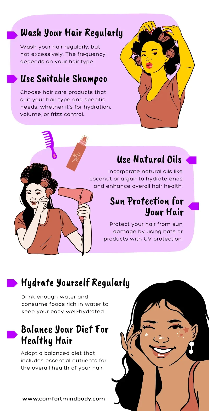 Hair care tips infographic featuring illustrations of women practicing hair care routines, emphasizing regular washing, suitable shampoo, natural oils, sun protection, hydration, and a balanced diet for healthy hair.