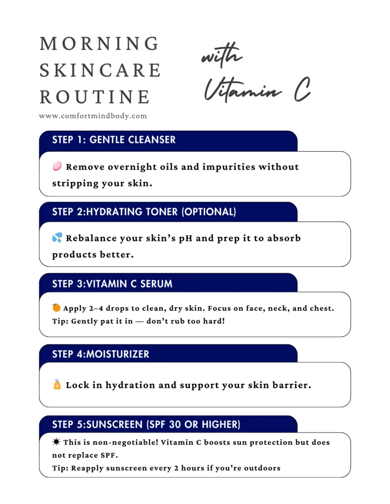 Can Vitamin C Skincare Products Be Used During Summer? 8 Infographic explaining Vitamin C morning routine steps
