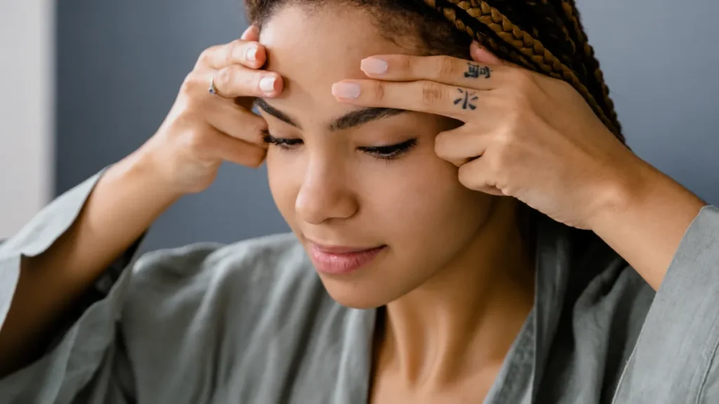 A woman with braided hair closes her eyes and presses her fingertips to her forehead, where the frontalis muscle creates horizontal wrinkles.
