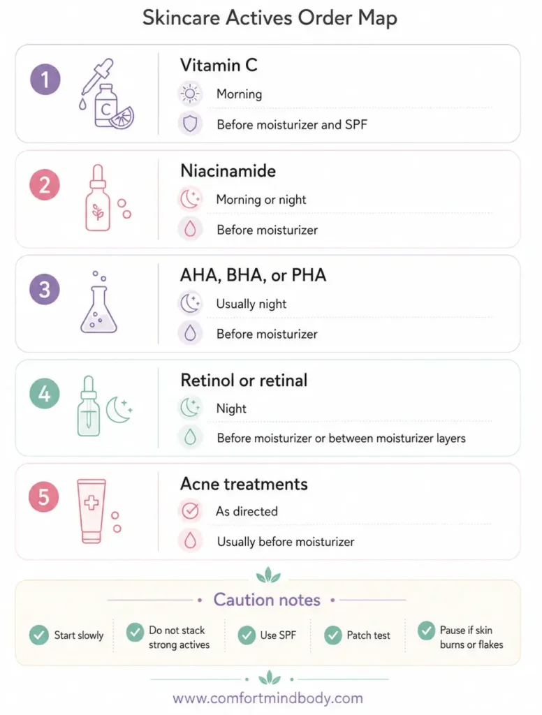 Skincare actives order guide showing where vitamin C, niacinamide, acids, retinol, and acne treatments fit in a routine
