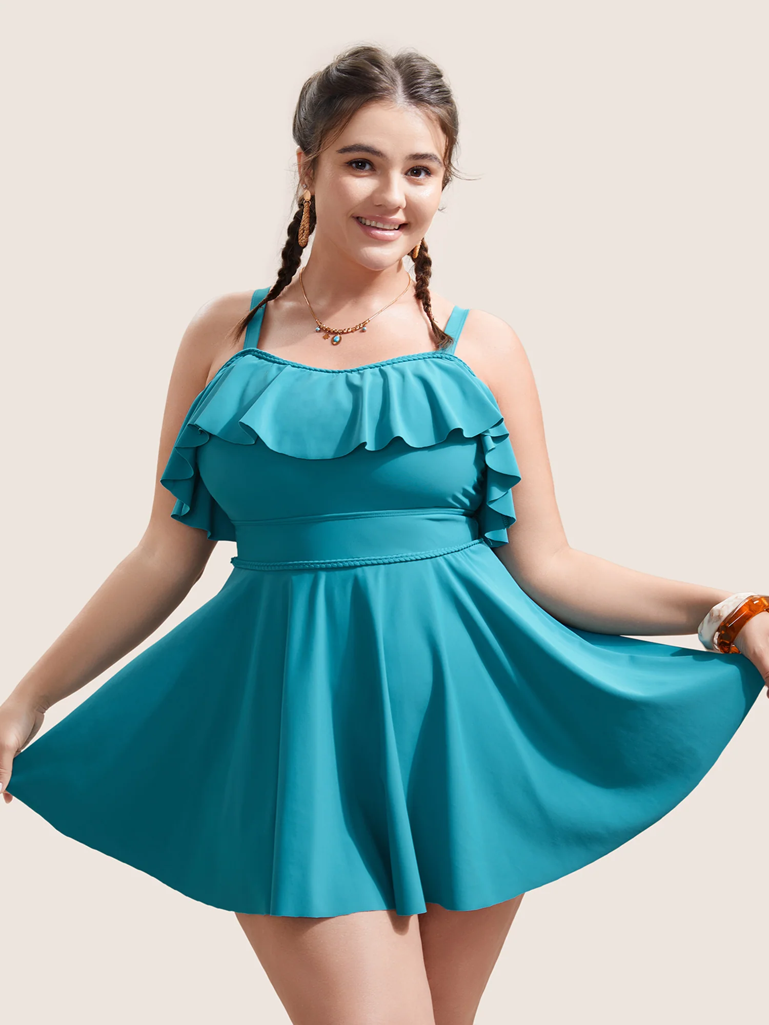 BloomChic solid swim dress with ruffle trim and adjustable straps