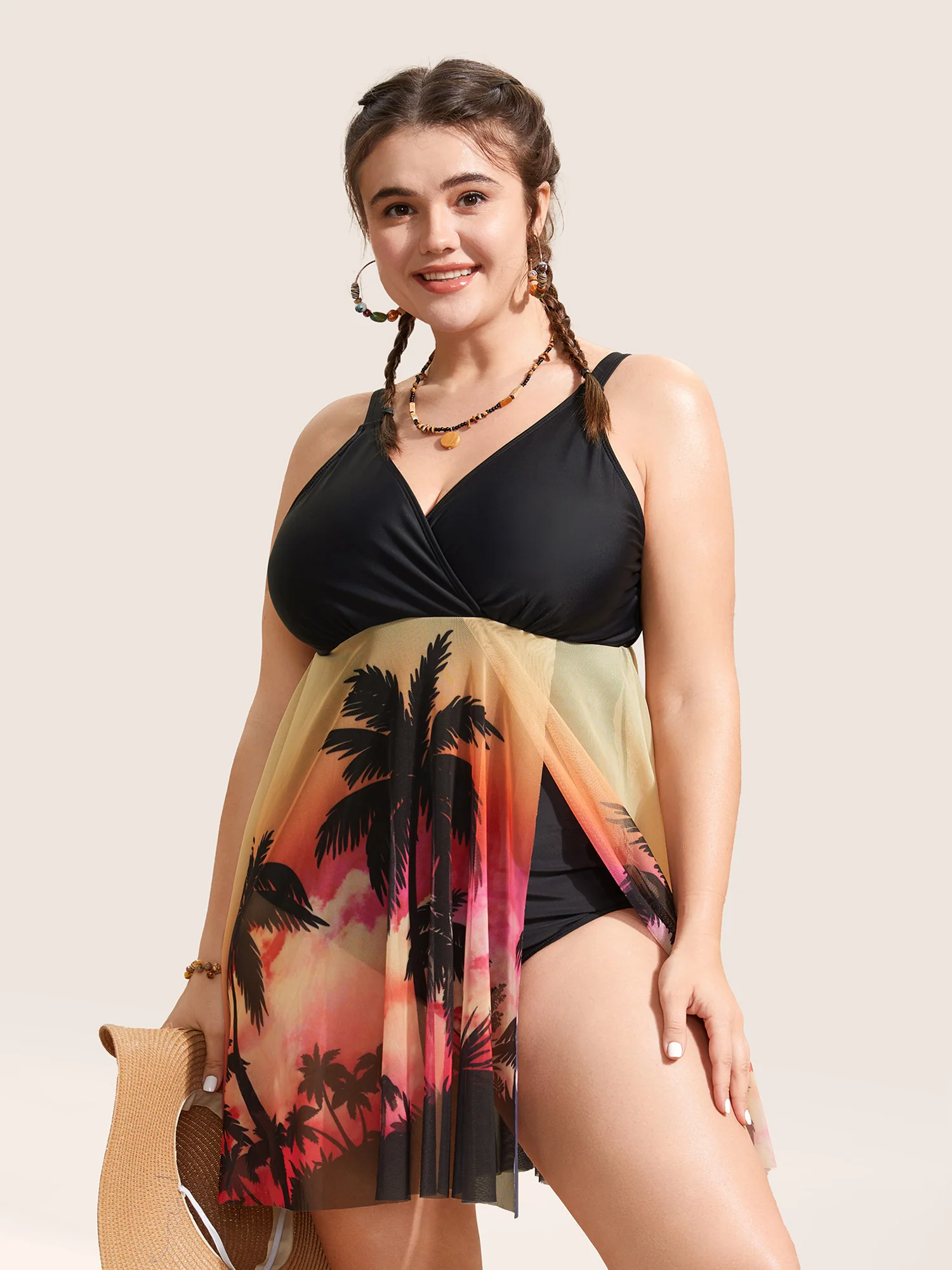 BloomChic tropical-print swim dress with a sheer overlay and slit hem