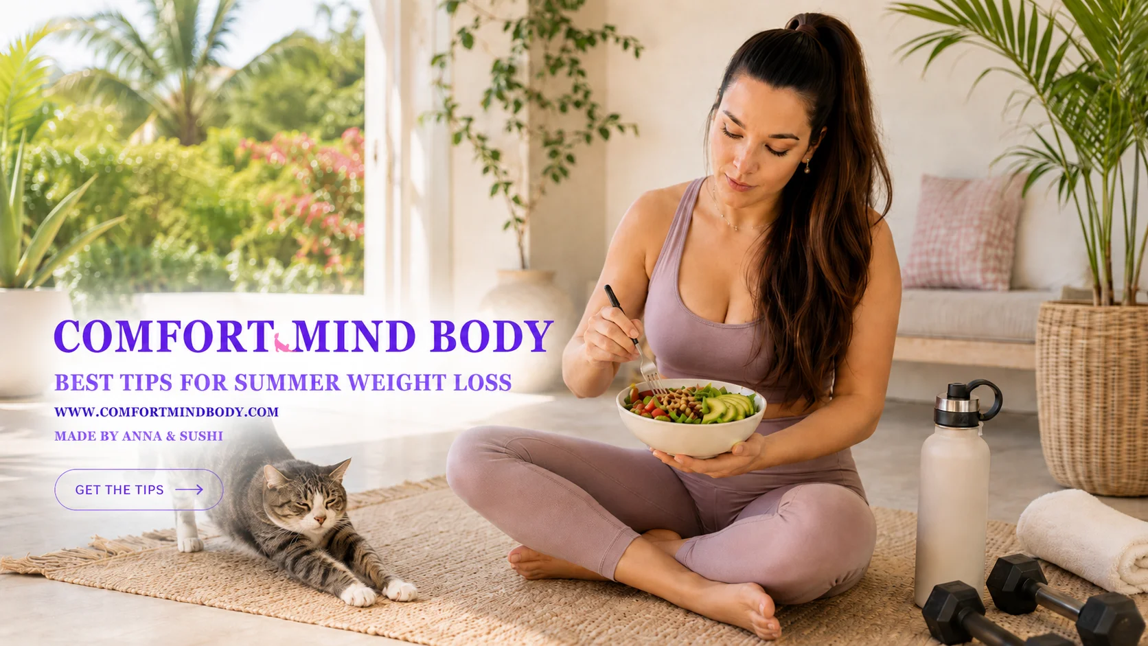 Woman eating a salad after a workout in a summer weight loss guide image