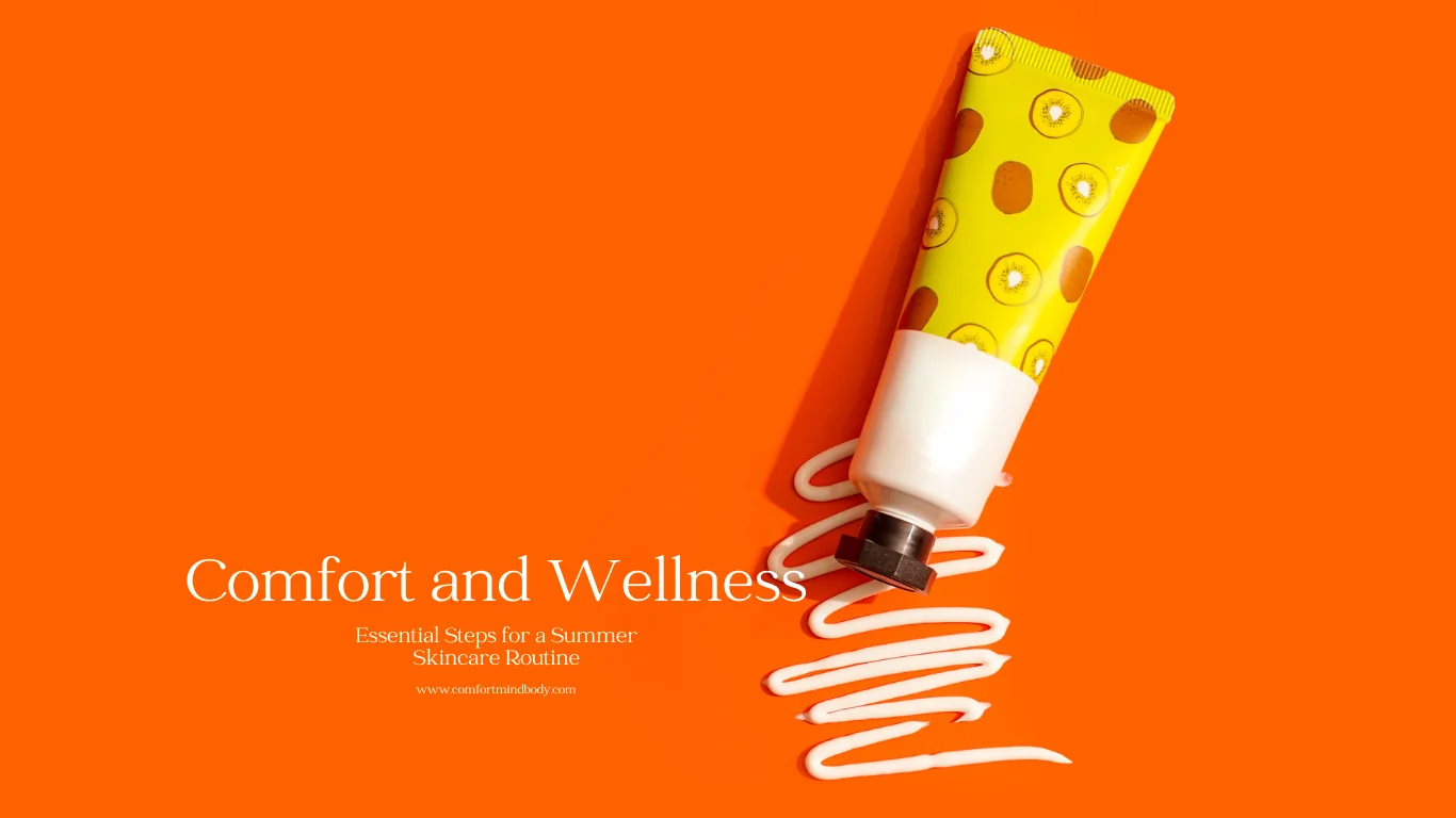 Summer Skincare Routine: AM And PM Steps For Sunscreen, Sweat, Breakouts, and Hydration 2 Yellow sunscreen tube on an orange background for a summer skincare routine guide