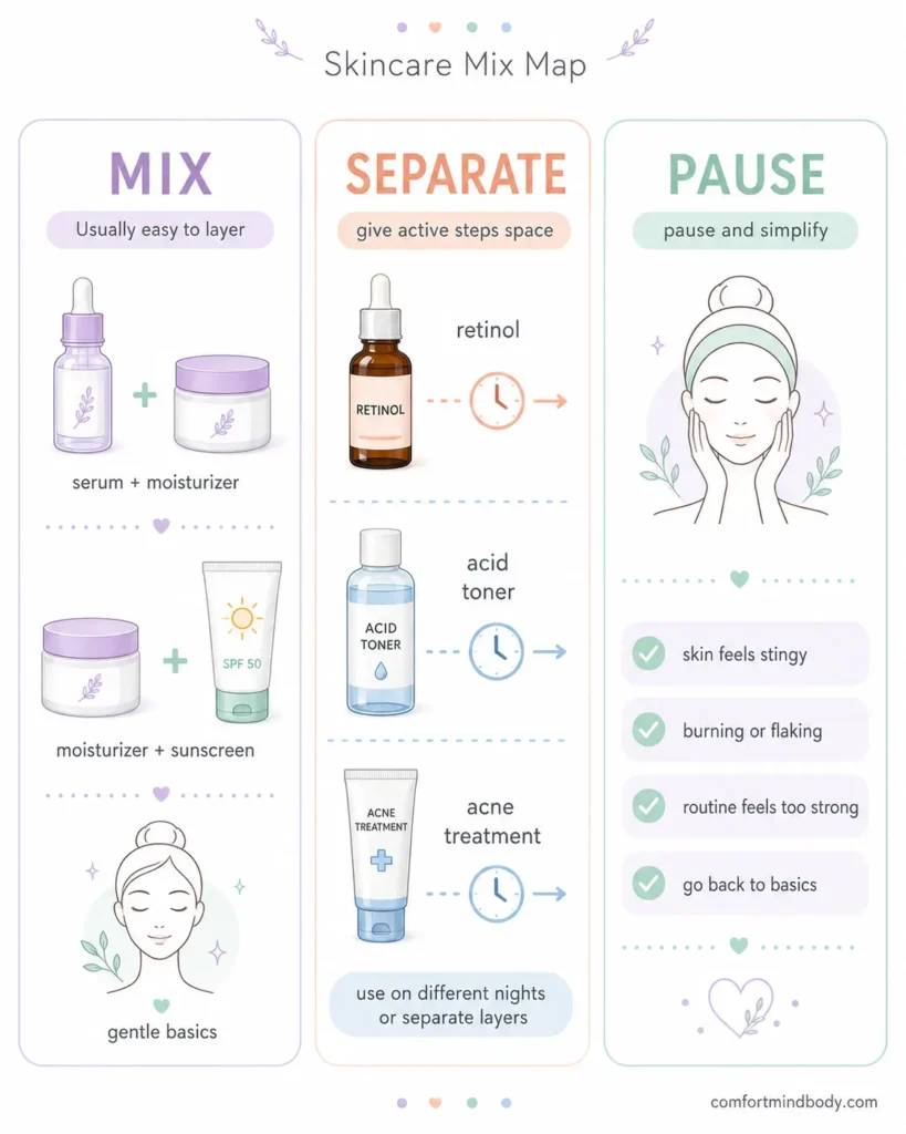 Skincare Mix Map infographic showing which skincare products to mix, separate, or pause to avoid irritation and protect the skin barrier