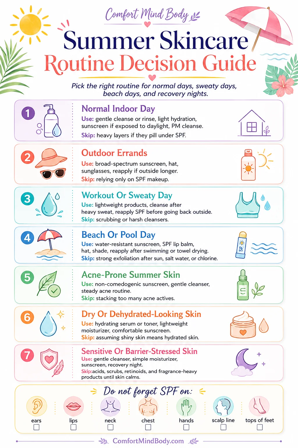 Summer skincare routine guide infographic showing normal day, sweaty day, beach day, acne-prone skin, dry skin, and recovery night skincare steps