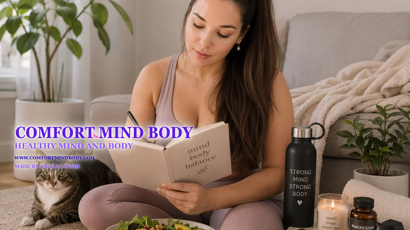 Woman reading a healthy mind and body journal beside supplements and plants