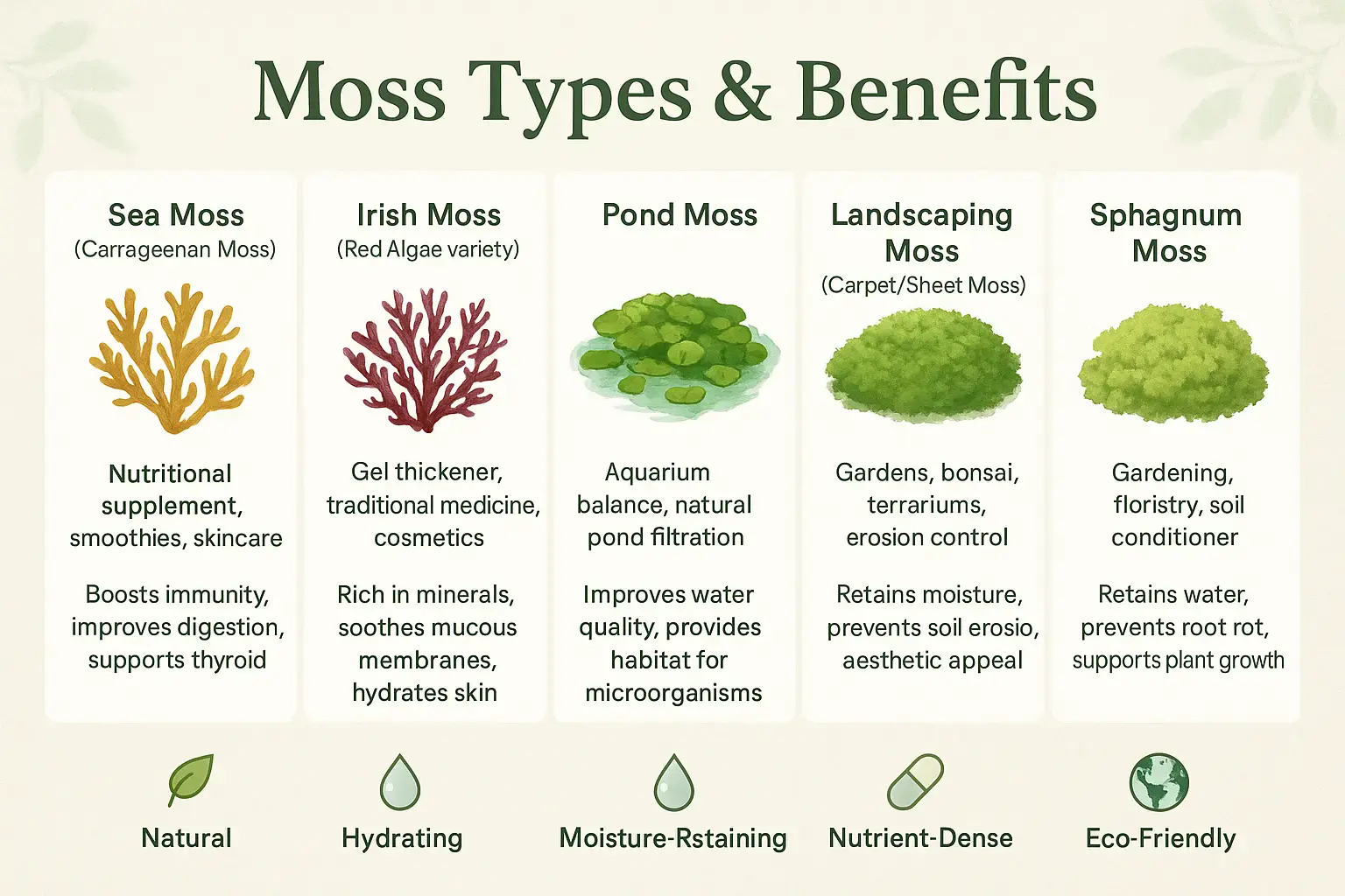 Irish Moss: Sea Unique Superfood Can Transform Your Health 3 Infographic comparing Sea Moss, Irish Moss, Pond Moss, Landscaping Moss, and Sphagnum Moss with their uses and health, garden, and eco-friendly benefits.