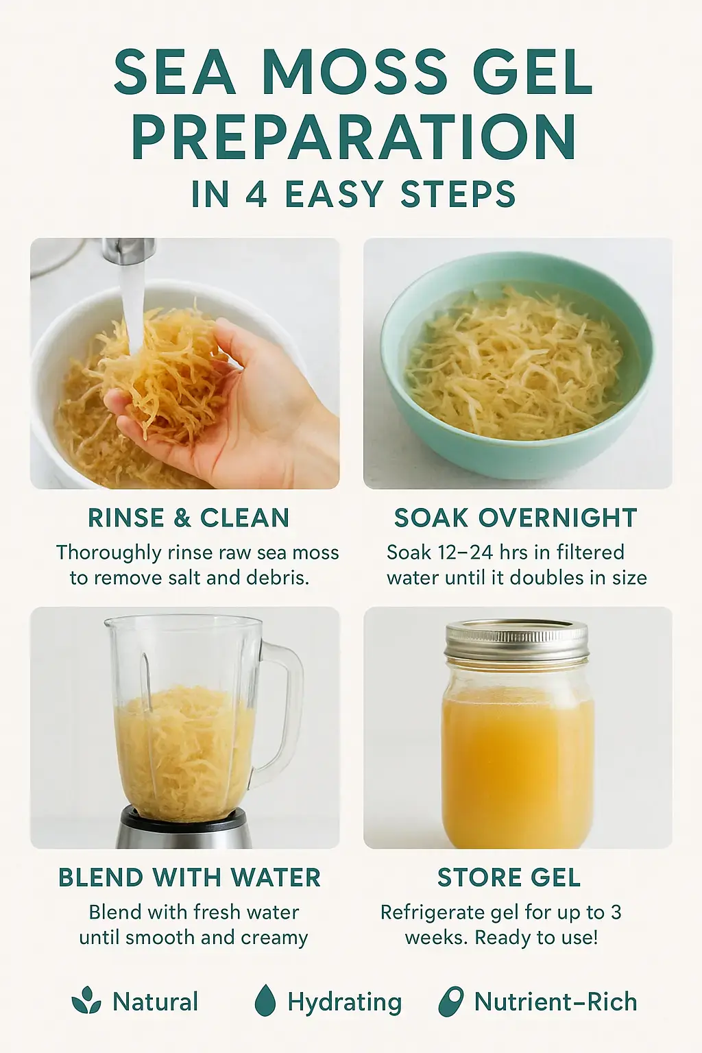 Irish Moss: Sea Unique Superfood Can Transform Your Health 4 nfographic / Collage Layout Idea: Sea Moss Gel Preparation in 4 Easy Steps
