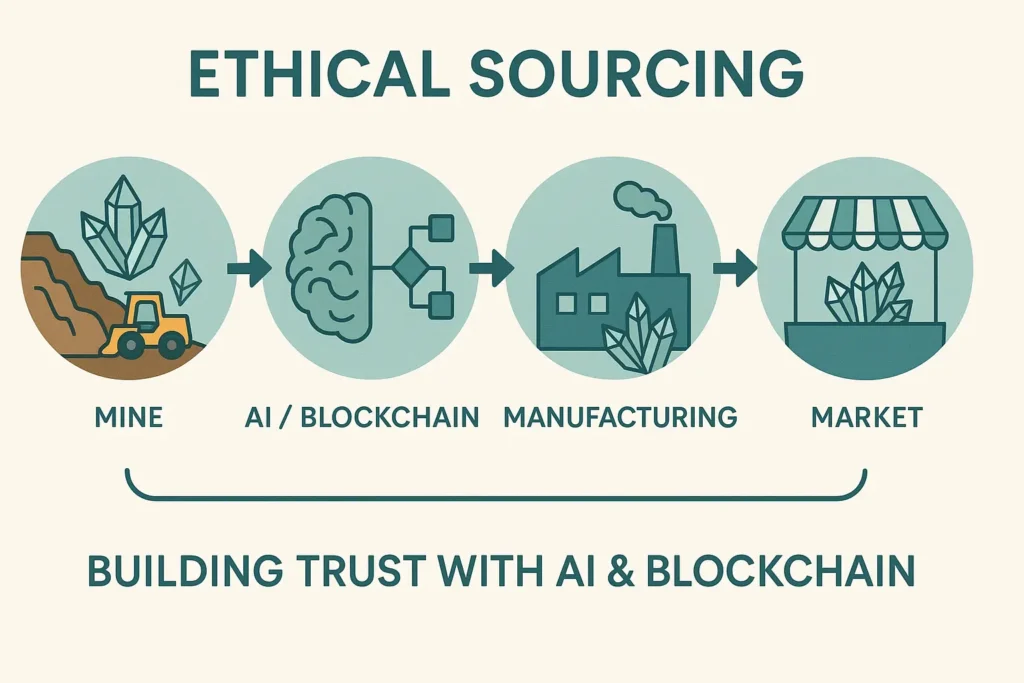 The Ultimate Crystal Healing AI Guide: Smarter Energy Wellness in 2025 3 Infographic showing ethical crystal sourcing process with AI and blockchain tracking from mining to market to ensure transparency and trust in gemstone supply chain