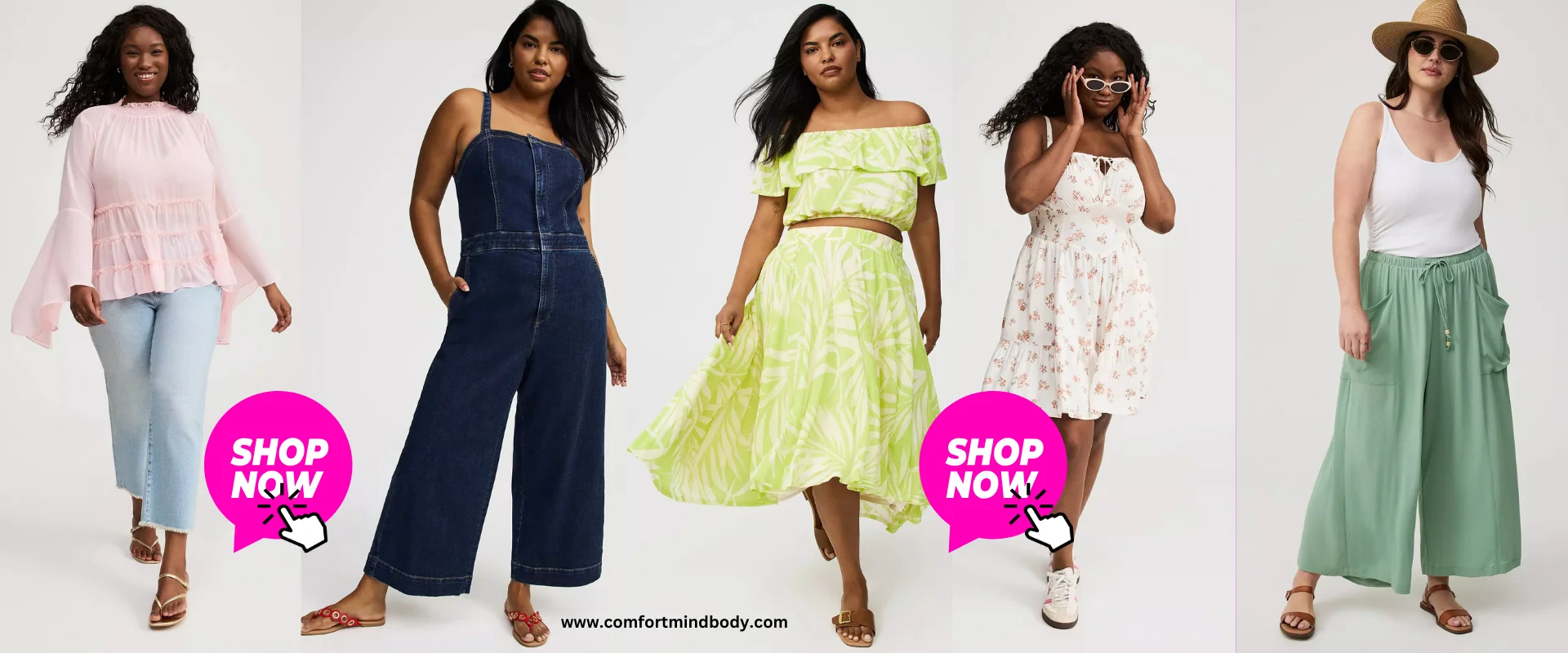 Torrid plus-size clothing collage with jeans, a jumpsuit, matching separates, dresses and wide-leg pants