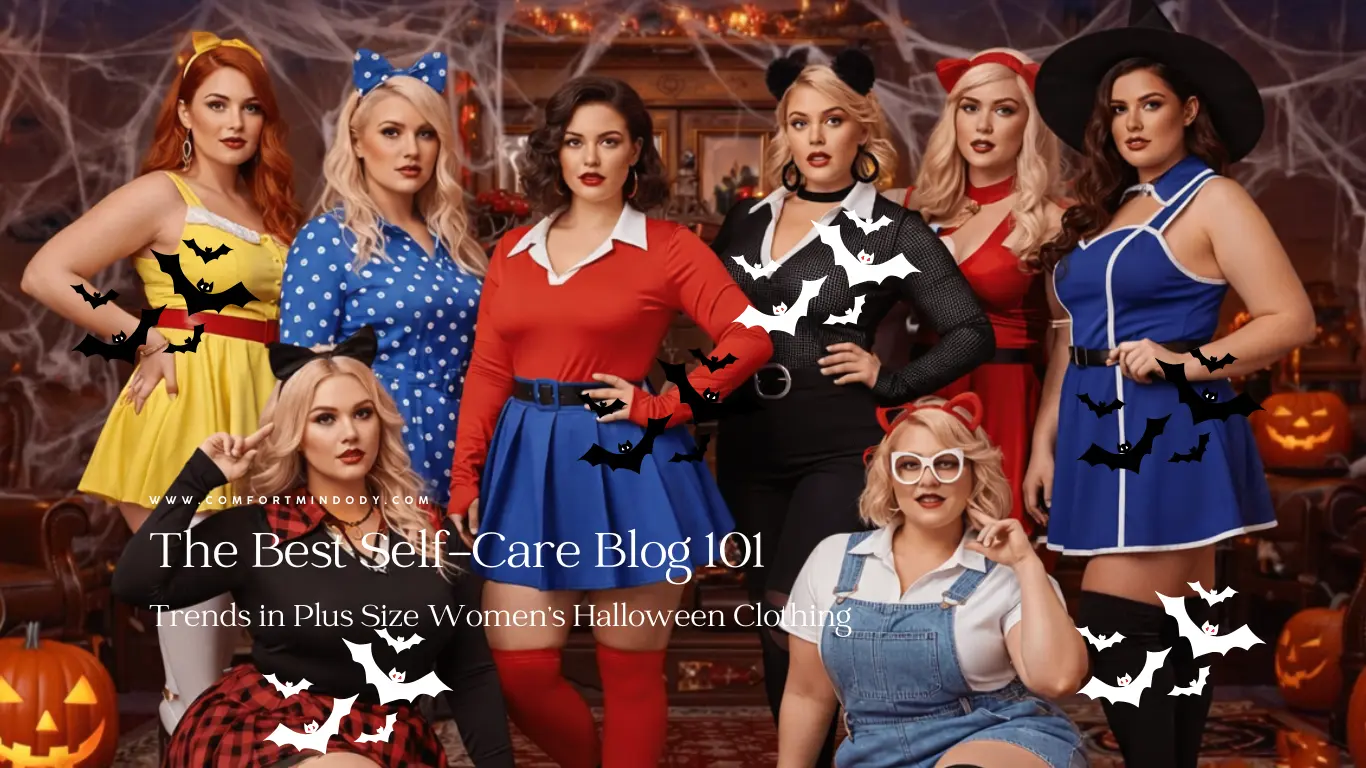 Group of eight women wearing colorful Halloween costumes posing in a festive room with pumpkins, cobwebs, and spooky decor, styled for a creative seasonal photoshoot.
