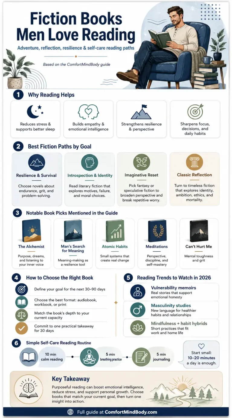 Infographic about fiction books men love reading, featuring a man reading in a cozy chair, key reading benefits, fiction paths by goal, notable book picks, tips for choosing the right book, 2026 reading trends, a simple self-care reading routine, and a purposeful reading takeaway.