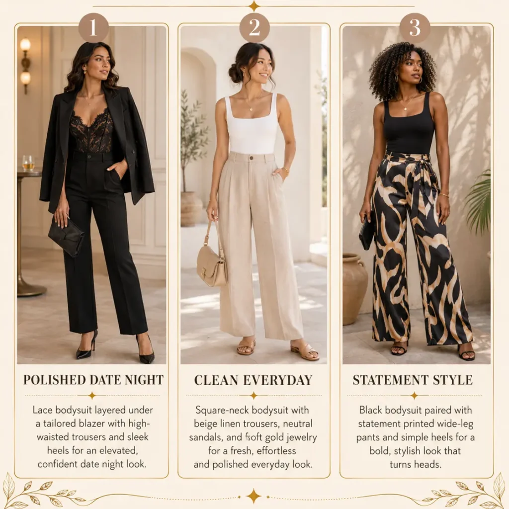 Dressy bodysuit outfit ideas with a lace bodysuit, blazer, beige linen trousers, and statement wide-leg pants.