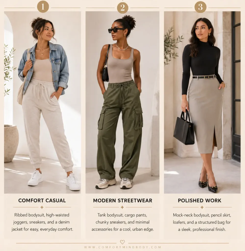 Relaxed to polished bodysuit looks with joggers, cargo pants, sneakers, a pencil skirt, and a structured bag.